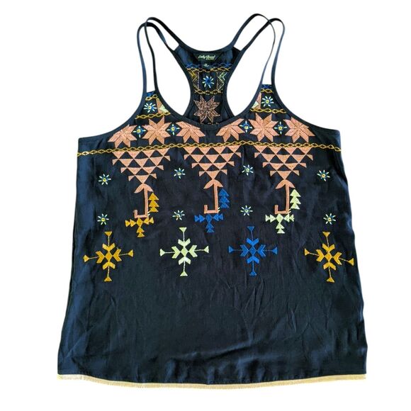 Lucky Brand Strappy V-neck Navy Blue Tank Medium Embroidered Bohemian Hippie - Picture 1 of 11